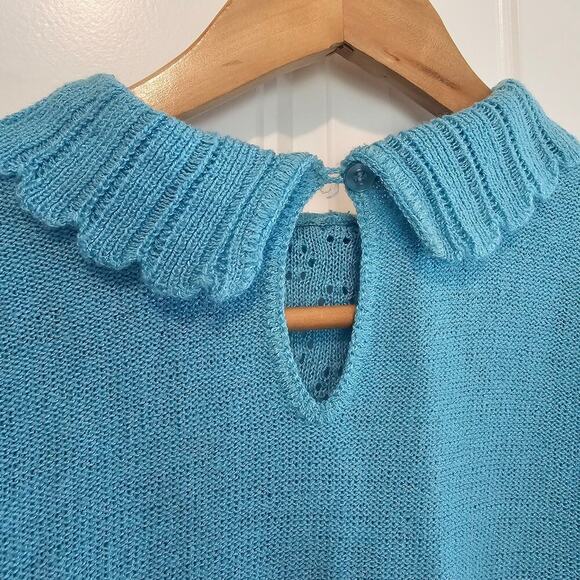 Vintage Preppy Sweater Women Size Small Blue 80s Knit Prairie Ruffle Collar Twee - Picture 7 of 10